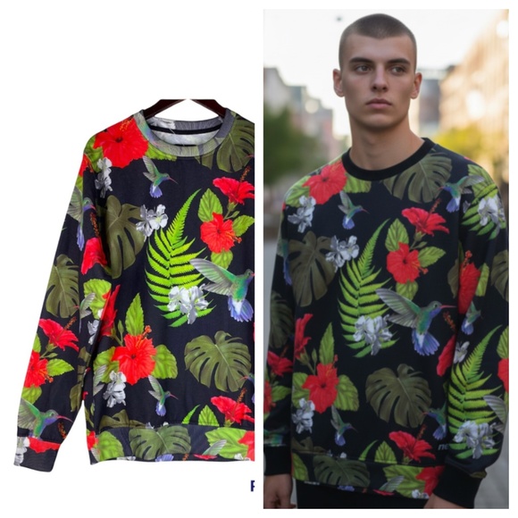 Neff Other - NEFF Mens Medium Sweatshirt Pullover Tropical Garden Hummingbird Black Red